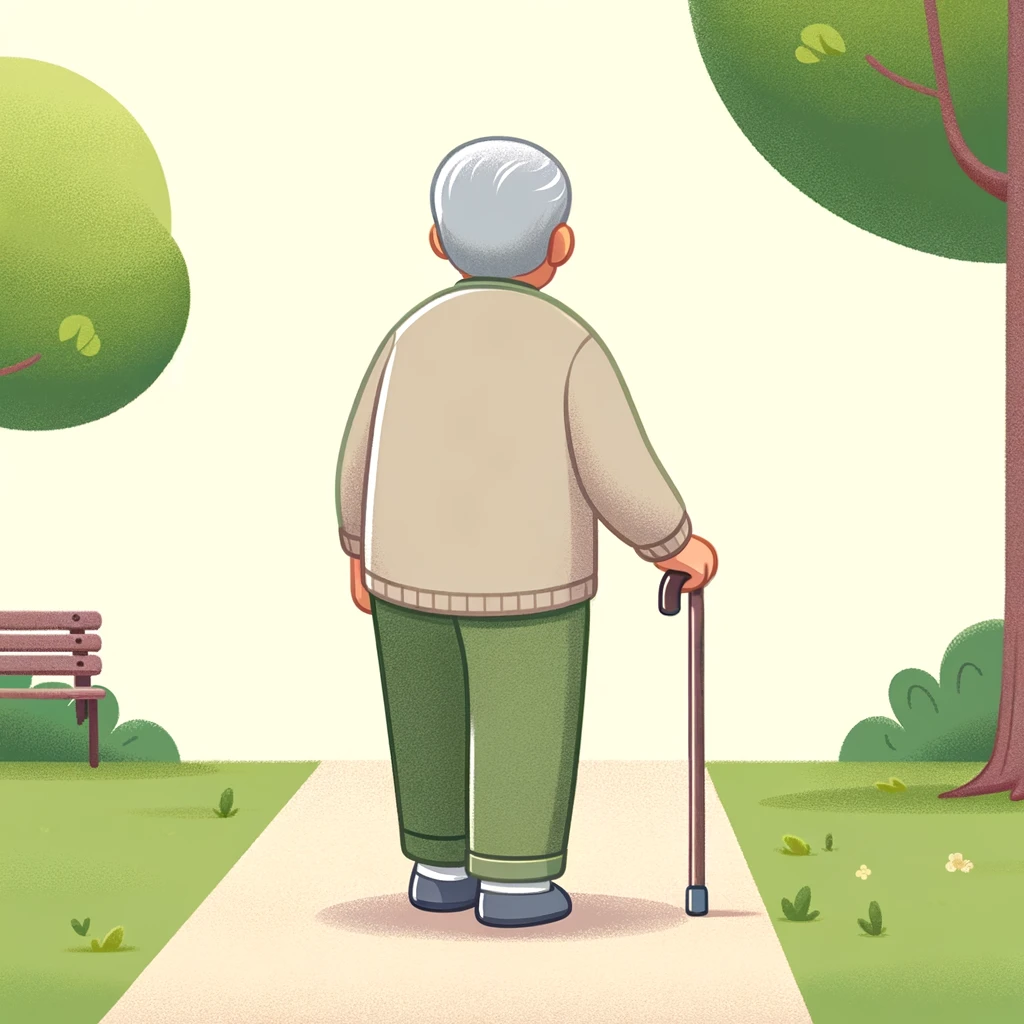 A cartoon image depicting the back view of an elderly person walking with a cane. The elderly person has gray hair and is dressed in comfortable, modest clothing, including a long-sleeved shirt and trousers. The setting is a peaceful park with trees and a walking path. The style is colorful and friendly, reminiscent of a children's book illustration.